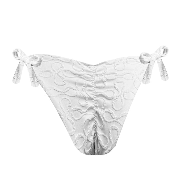 Ribbed White Brazilian Tie Side Scrunch Bikini Bottom