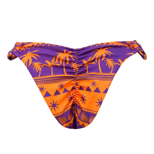 Orange Purple Coconut Trees Brazilian Classic Side Scrunch Bikini Bottom